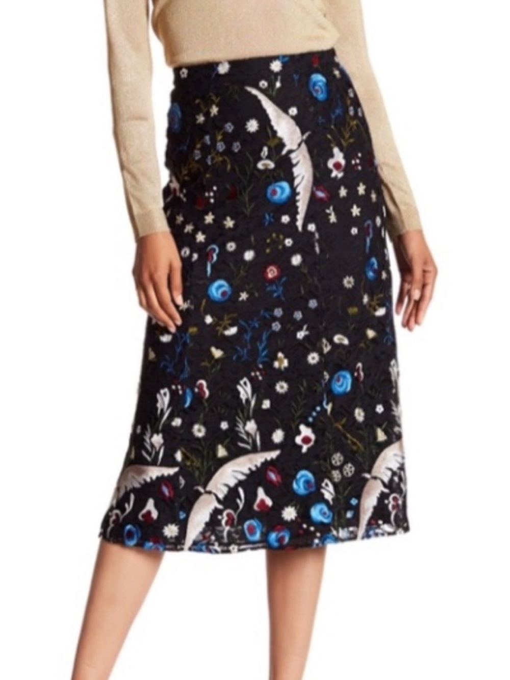Alice + Olivia Kiera Embroidered Lace Bird Midi Skirt Black Size 10